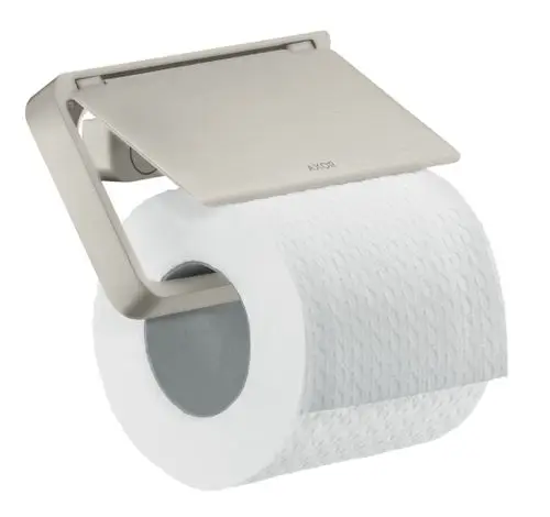 Toilettenpapierhalter aus Edelstahloptik mit Deckel, montiert, mit einer Rolle Toilettenpapier. Produkt von AXOR.